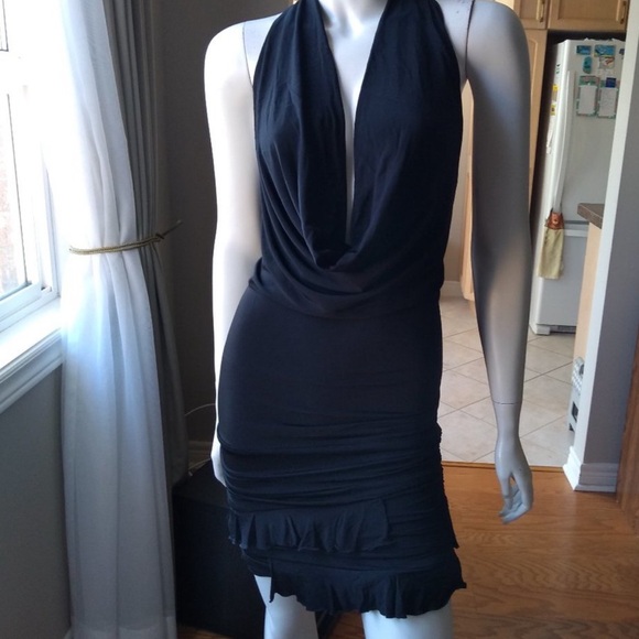 MARCIANO Black Dress with Cowl Neck, Low Back, and Ruffle Detailing - Picture 1 of 8